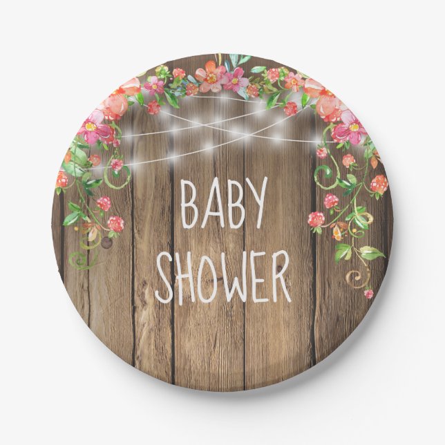 Rustic Wood String Lights Floral Girl Baby Shower Paper Plates (Front)