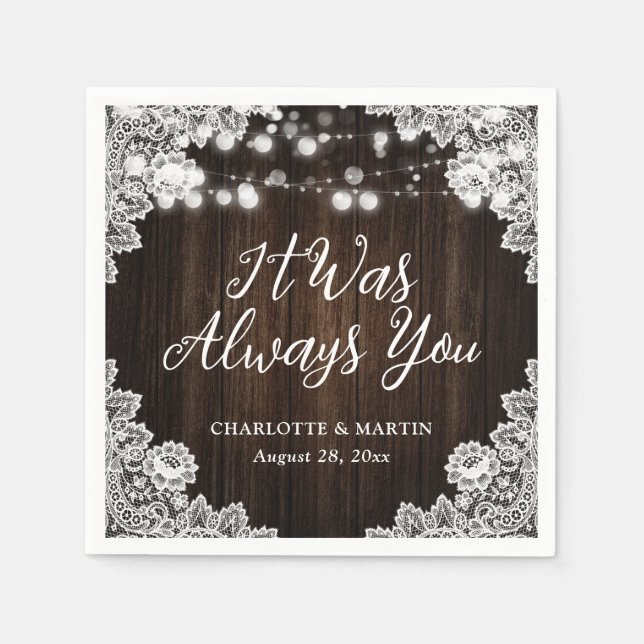 Rustic Wood String Lights Floral Lace Wedding Napkins (Front)