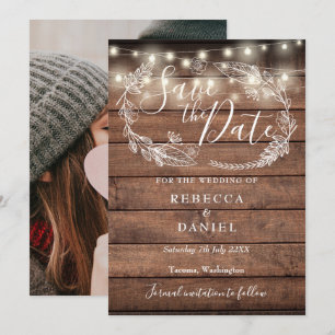 Rustic Wood String Lights Floral Photo Wedding Save The Date