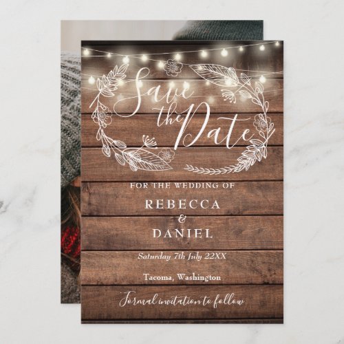 Rustic Wood String Lights Floral Photo Wedding Save The Date