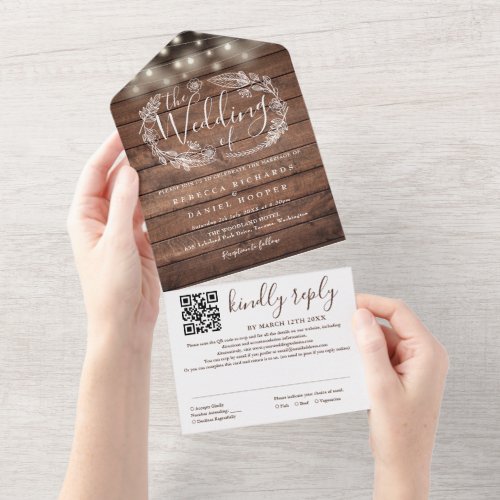 Rustic Wood String Lights Floral QR Code Wedding All In One Invitation
