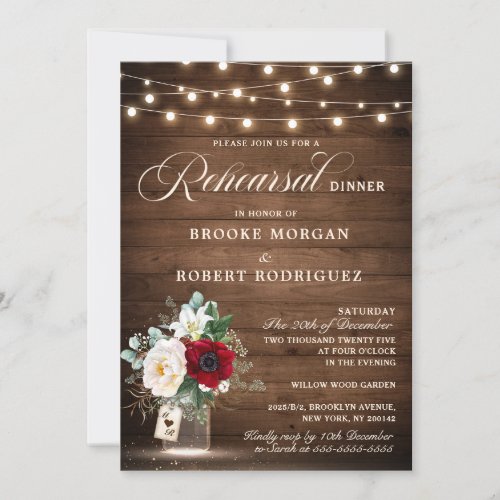 Rustic Wood String Lights Floral Rehearsal Dinner Invitation