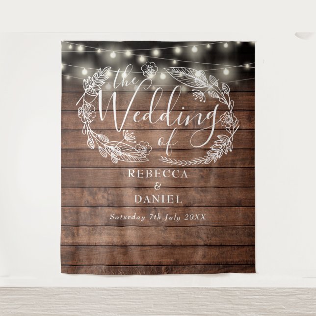 Rustic Wood String Lights Floral Wedding Backdrop (Front)