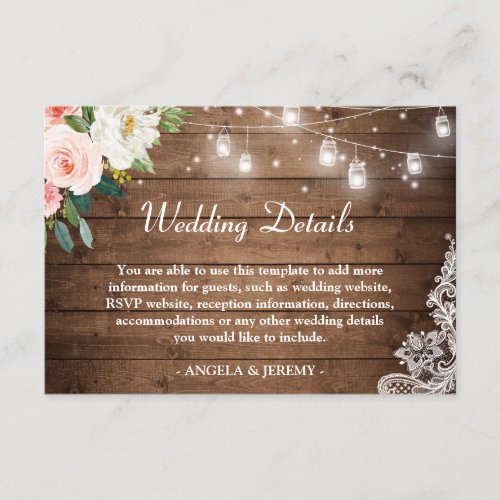 Rustic Wood String Lights Floral Wedding Details Enclosure Card