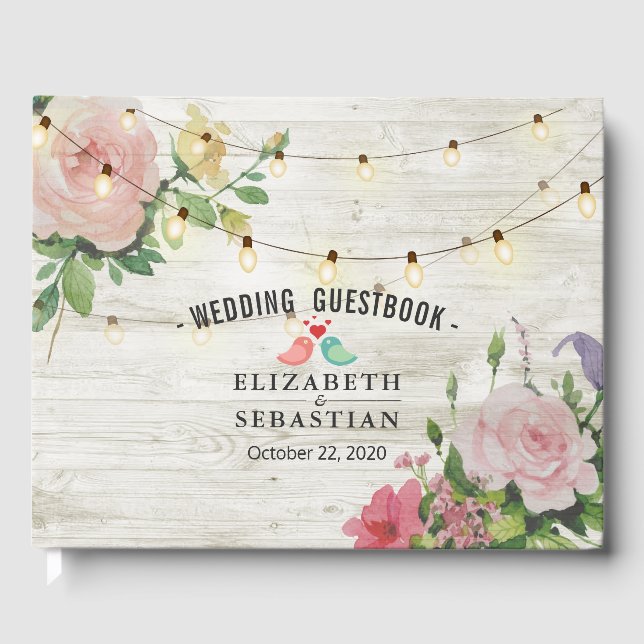 Rustic Wood String Lights Floral Wedding Guestbook (Front)