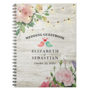 Rustic Wood String Lights Floral Wedding Guestbook Notebook