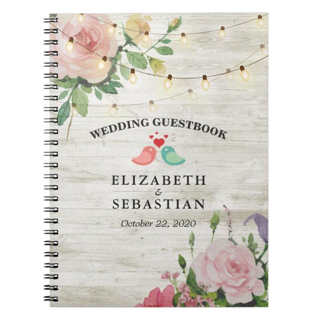 Rustic Wood String Lights Floral Wedding Guestbook Notebook (Front)