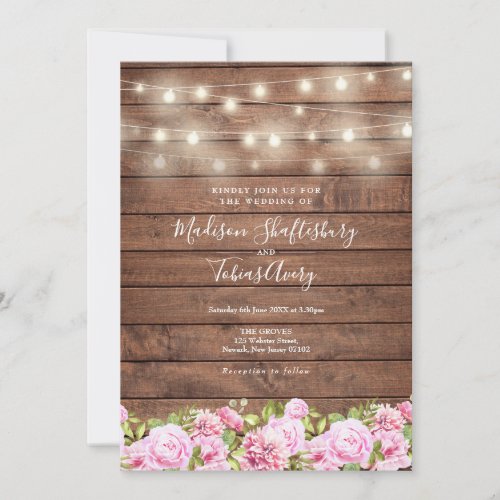 Rustic Wood String Lights Floral Wedding Invitatio Invitation