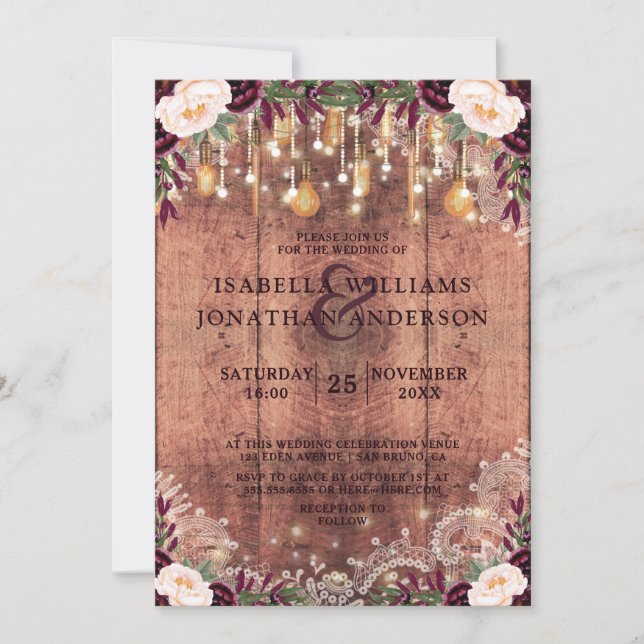 Rustic Wood & String Lights Floral Wedding Invitation (Front)