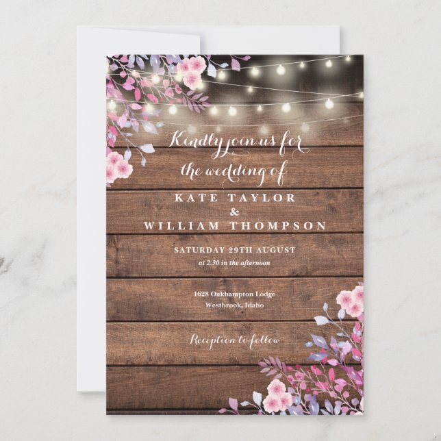 Rustic Wood String Lights Floral Wedding Invitation (Front)
