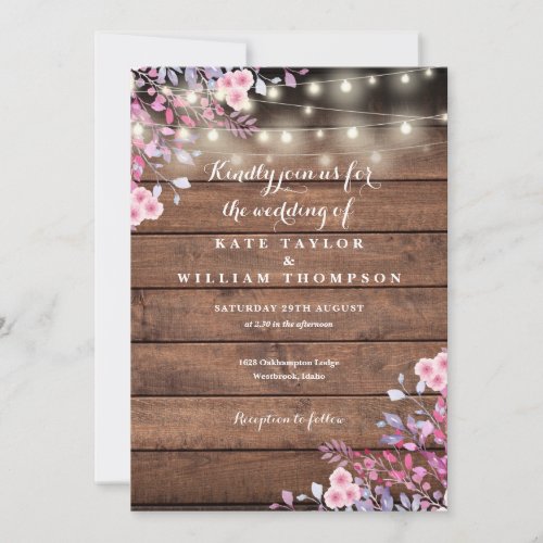 Rustic Wood String Lights Floral Wedding Invitation