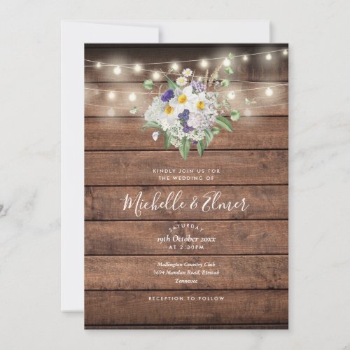 Rustic Wood String Lights Floral Wedding Invitation