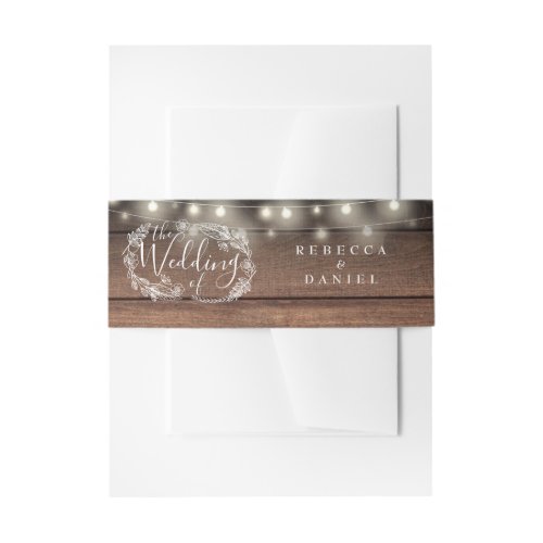 Rustic Wood String Lights Floral Wedding Invitation Belly Band