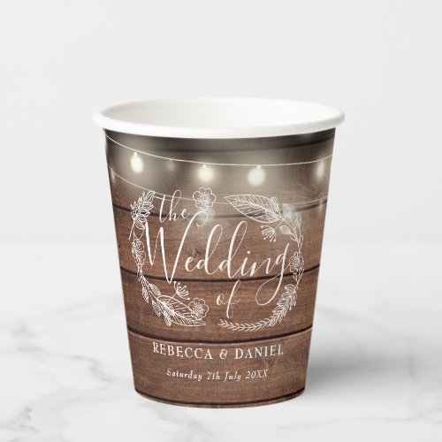 Rustic Wood String Lights Floral Wedding Paper Cups