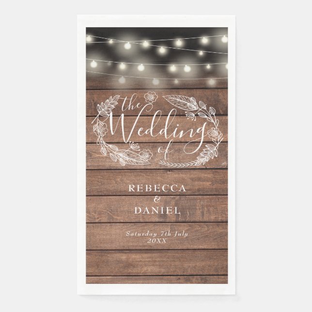 Rustic Wood String Lights Floral Wedding Paper Guest Towels (Front)