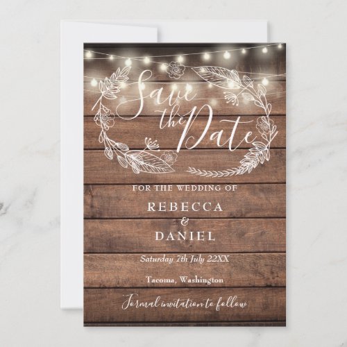 Rustic Wood String Lights Floral Wedding Save The Date