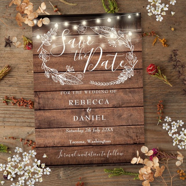 Rustic Wood String Lights Floral Wedding Save The Date (Rustic Wood String Lights Floral Wedding Save The Date)