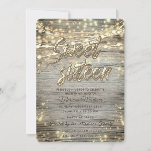 Rustic wood String lights gold sparkle  Invitation