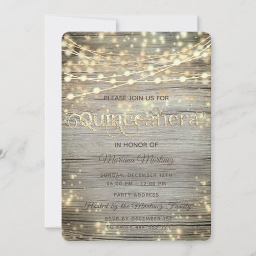 Rustic wood String lights gold sparkle  Invitation