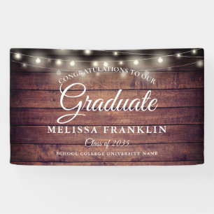 Rustic Wood String Lights Graduation Banner