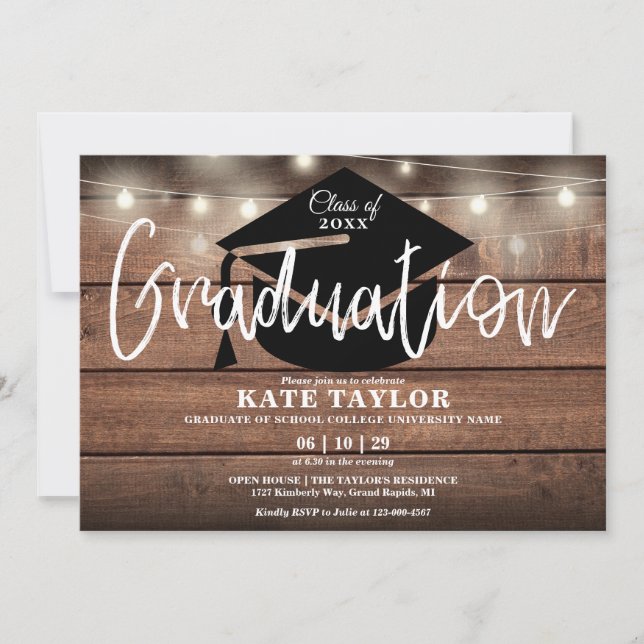 Rustic Wood String Lights Graduation Party Invitation (Front)