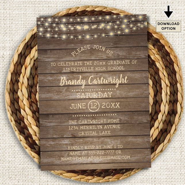 Rustic Wood & String Lights Graduation Party Invitation (Creator Uploaded)
