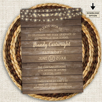 Rustic Wood & String Lights Graduation Party Invitation by MakeItAboutYou at Zazzle