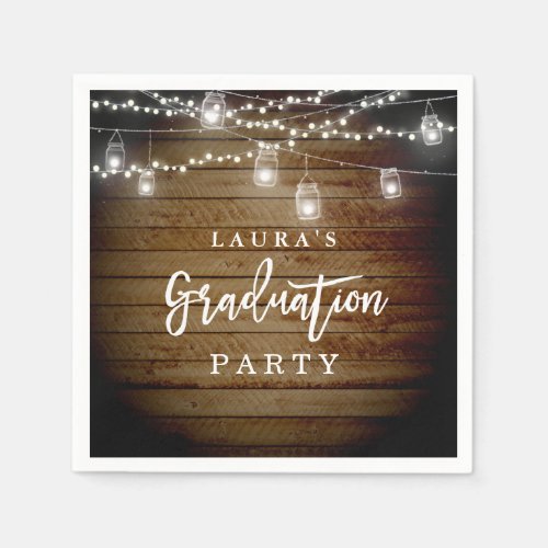 Rustic Wood String Lights Graduation Party Napkin