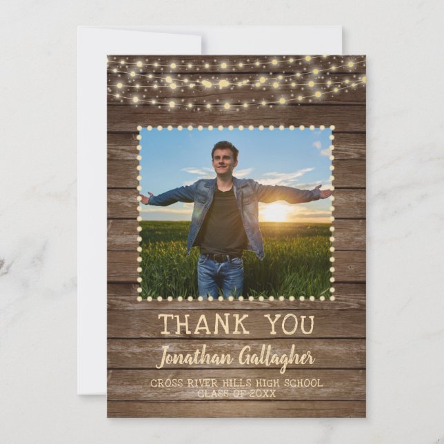 Rustic Wood String Lights Graduation Thank You Announcement (Front)