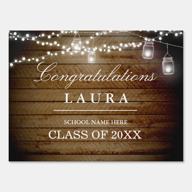 Rustic Wood String Lights Graduation Yard Sign (Front)