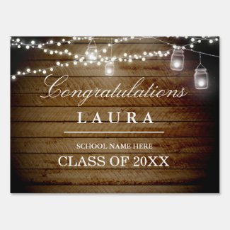 Rustic Wood String Lights Graduation Yard Sign