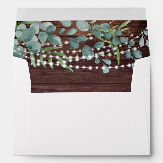 Rustic Wood String Lights Greenery Address Envelope (Back (Bottom))
