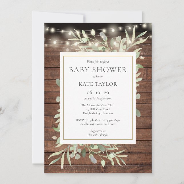 Rustic Wood String Lights Greenery Baby Shower Invitation (Front)