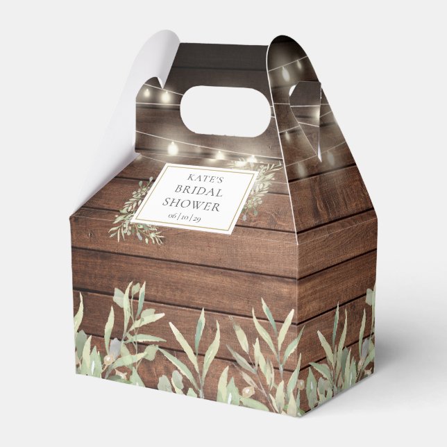 Rustic Wood String Lights Greenery Bridal Shower Favor Boxes (Front Side)