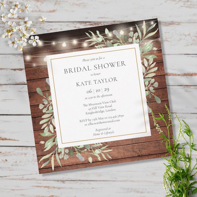 Rustic Wood String Lights Greenery Bridal Shower Invitation (Creator Uploaded)
