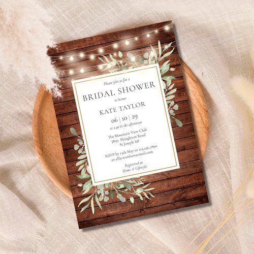 Rustic Wood String Lights Greenery Bridal Shower Invitation