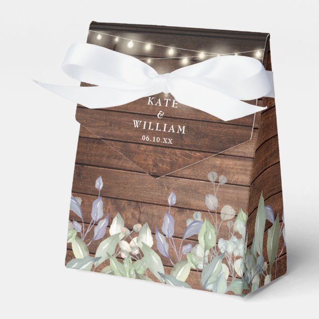 Rustic Wood String Lights Greenery Foliage Wedding Favor Boxes (Front Side)