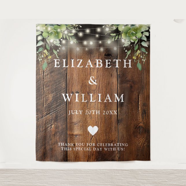 Rustic Wood String Lights Greenery Photo Backdrop (Front)