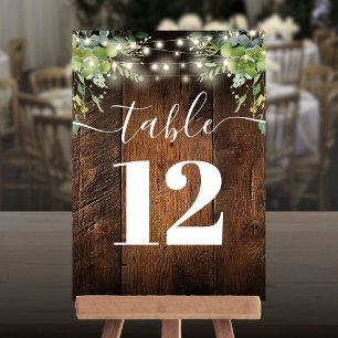 Rustic Wood String Lights Greenery Table Number