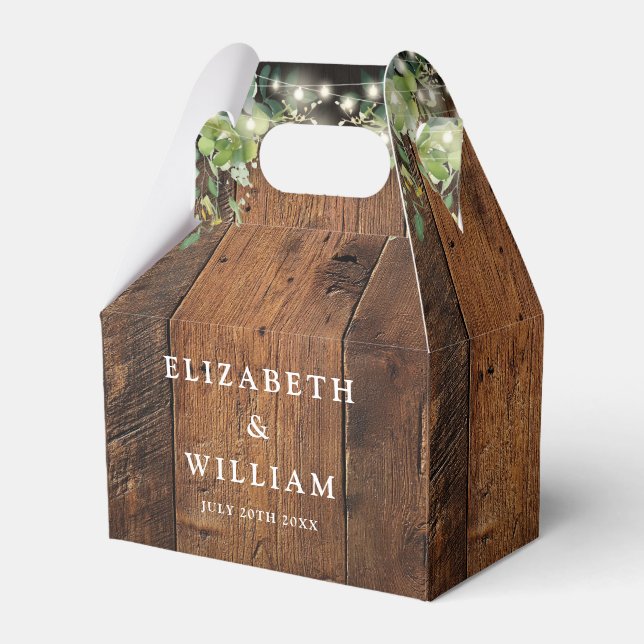 Rustic Wood String Lights Greenery Wedding Favor Boxes (Front Side)