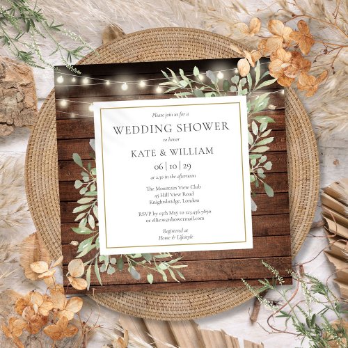 Rustic Wood String Lights Greenery Wedding Shower Invitation