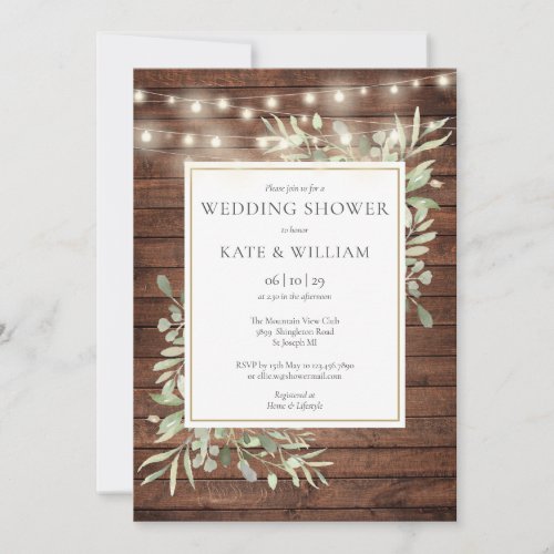 Rustic Wood String Lights Greenery Wedding Shower Invitation