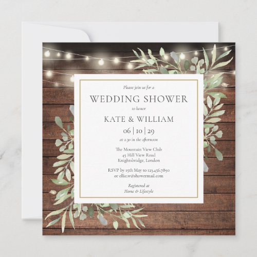 Rustic Wood String Lights Greenery Wedding Shower Invitation