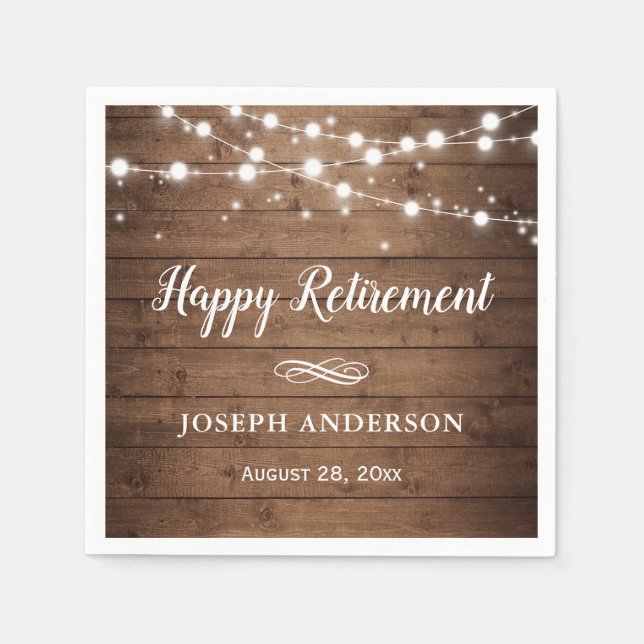 Rustic Wood String Lights Happy Retirement Napkins (Front)