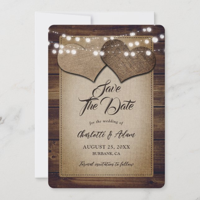 Rustic Wood String Lights Hearts Hessian Wedding Save The Date (Front)