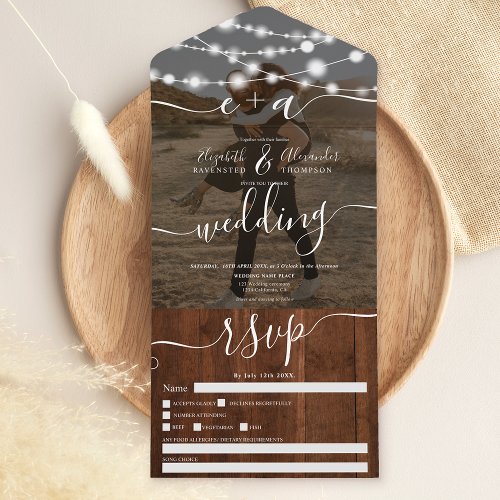 Rustic wood string lights initials photo wedding all in one invitation