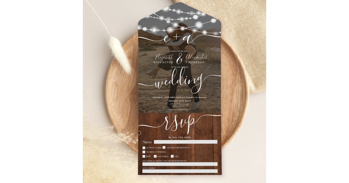 Rustic wood string lights initials photo wedding all in one invitation ...