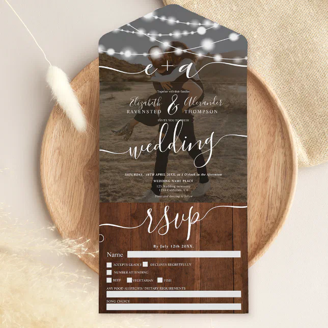 Rustic wood string lights initials photo wedding all in one invitation ...