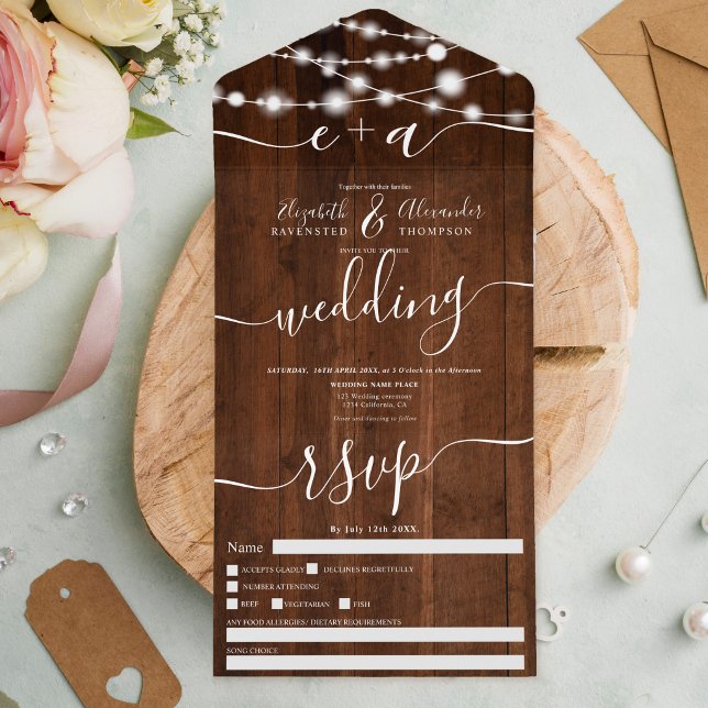 Rustic wood string lights initials script wedding all in one invitation