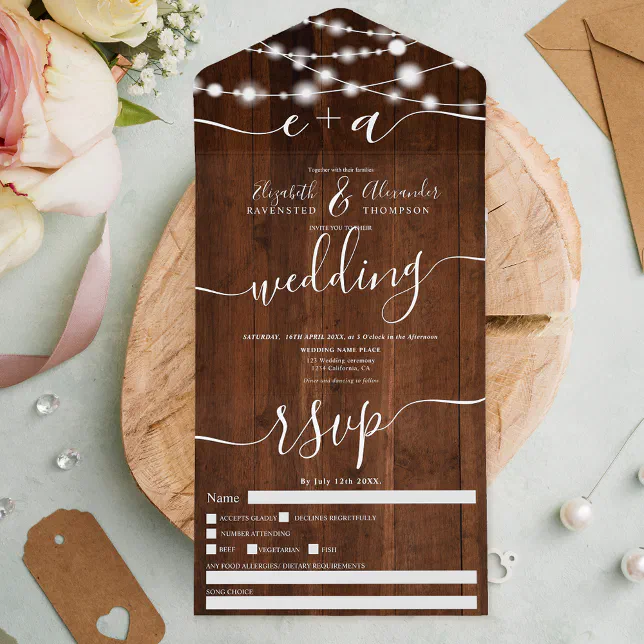 Rustic wood string lights initials script wedding all in one invitation ...